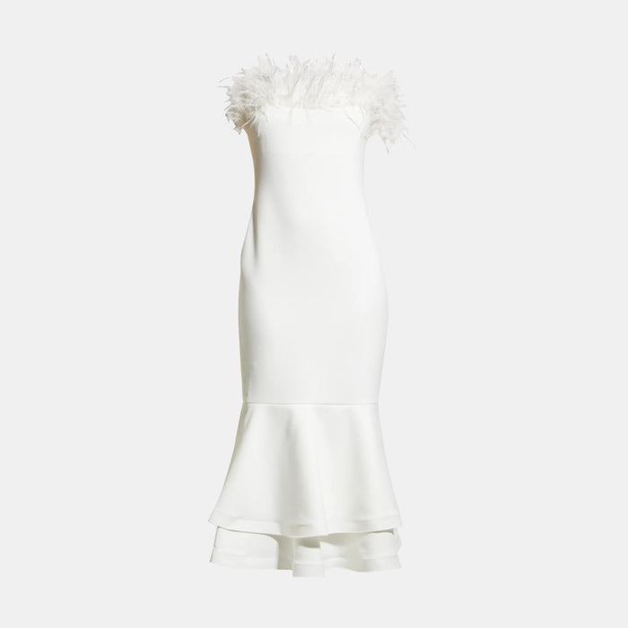 Likely Aurora Feather Trumpet Midi Dress in White