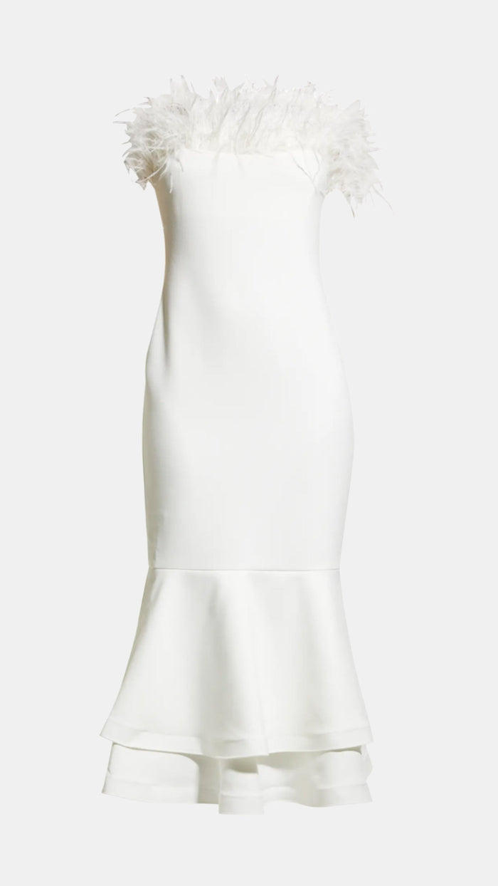 Likely Aurora Feather Trumpet Midi Dress in White