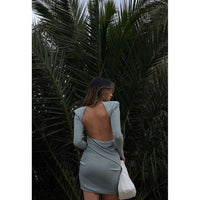 MISHA Viola Backless Long Sleeve Mini Dress in Metallic Seafoam
