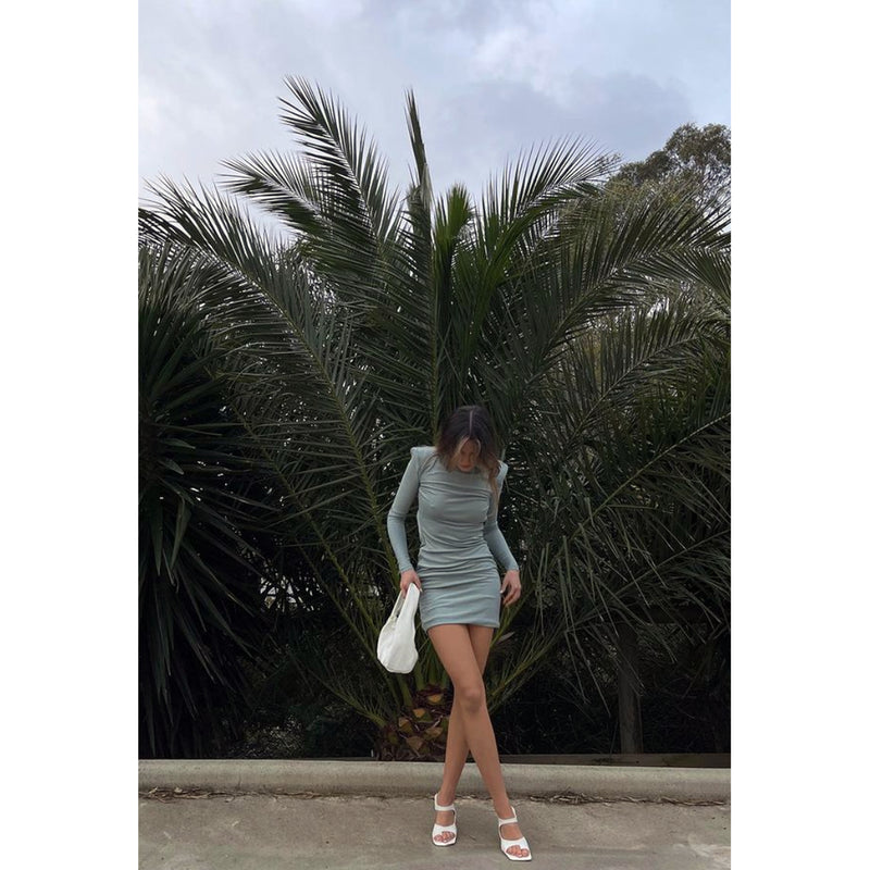 MISHA Viola Backless Long Sleeve Mini Dress in Metallic Seafoam