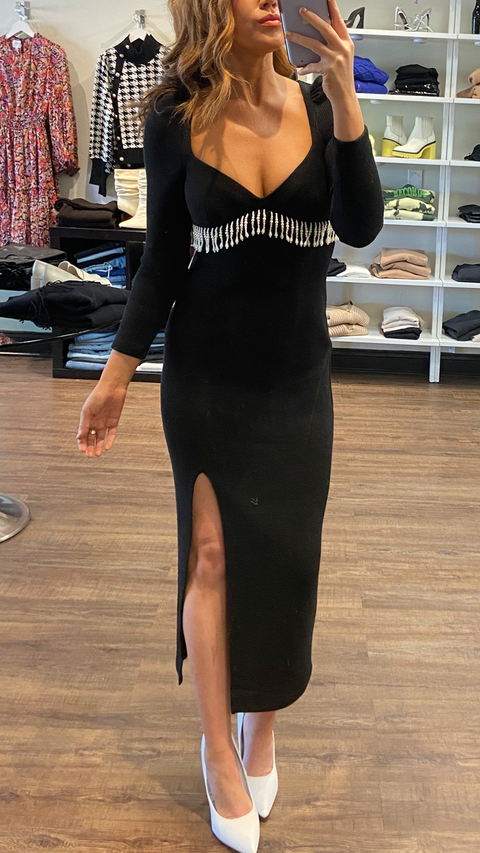 Saylor Alina Pearl Fringe Sweater Midi Dress in Black