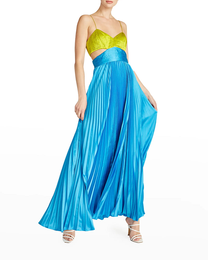 Amur Elodie Pleated Cutout Gown in Citrine Green/Aqua