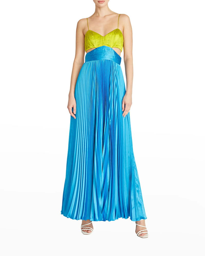 Amur Elodie Pleated Cutout Gown in Citrine Green/Aqua