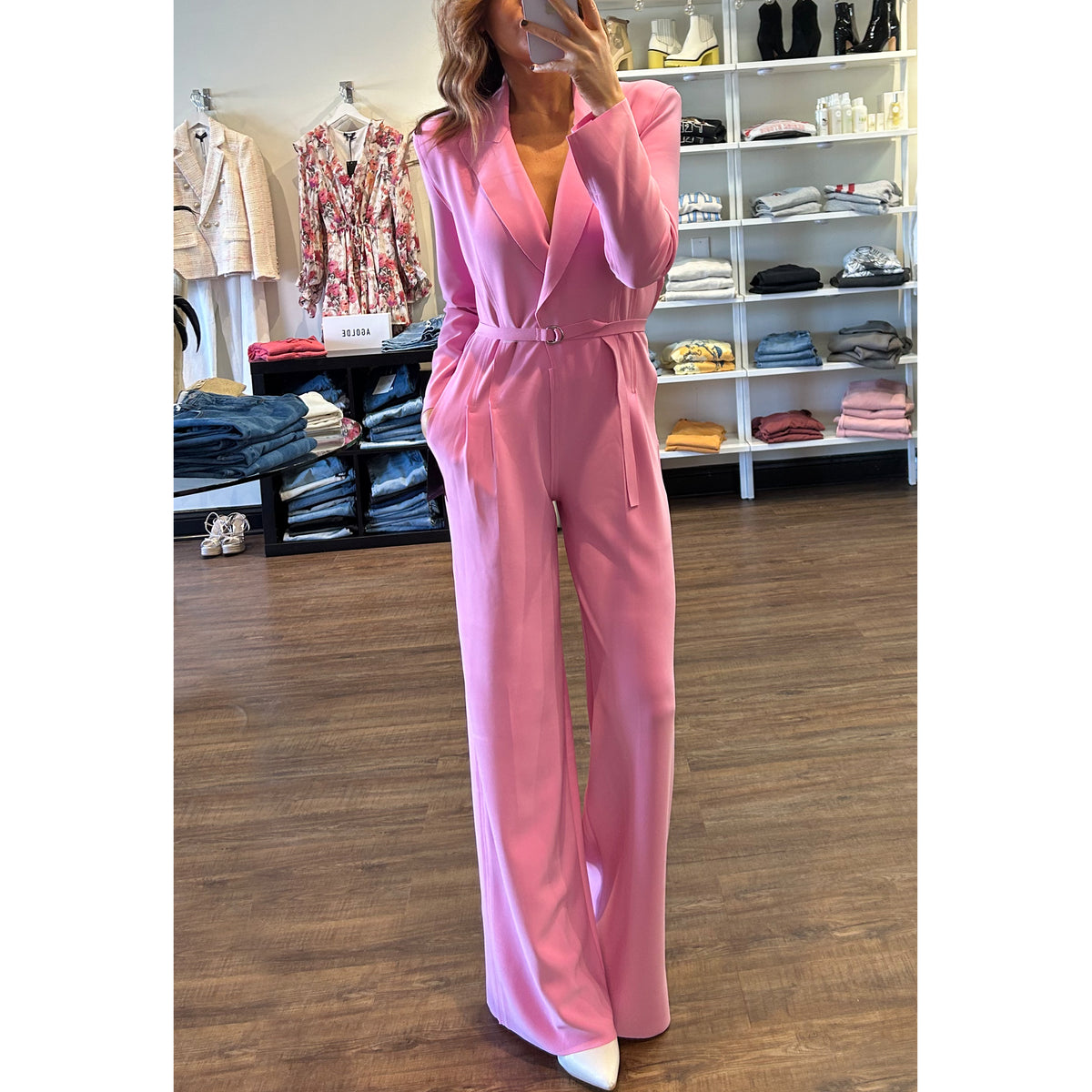 Norma Kamali Single Breasted Straight Leg Jumpsuit in Candy Pink