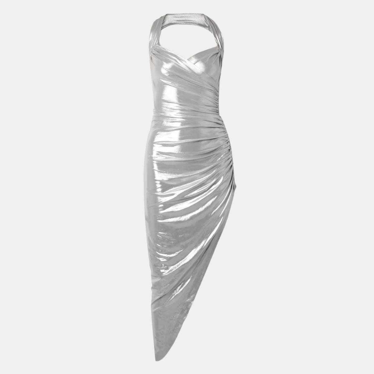 Norma Kamali Cayla Asymmetric Halter Side Drape Gown in Silver