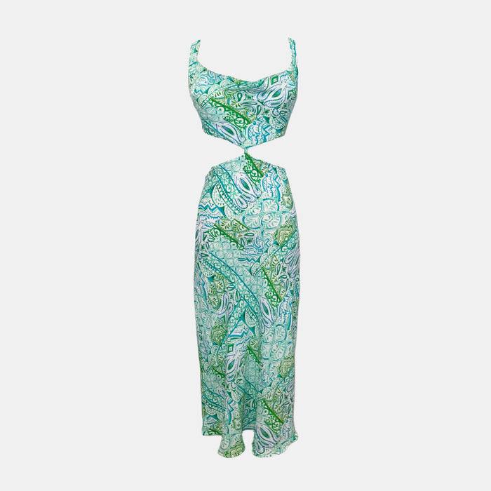 Olivaceous Sandra Cowl Cutout Midi Dress in Green Mint Print
