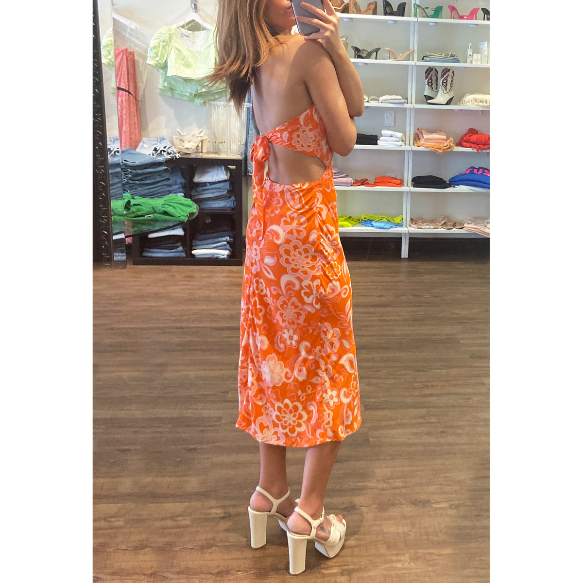 Amara Halter Cutout Midi Dress in Orange Print