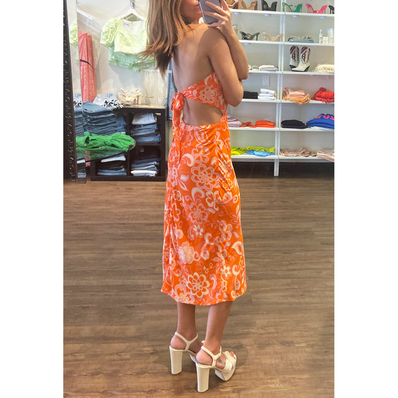 Olivaceous Amara Halter Cutout Midi Dress in Orange Print