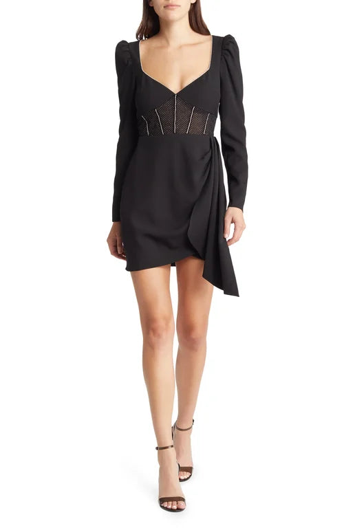 Saylor Letitcia Long Sleeve Rhinestone Trim Mini Dress in Black