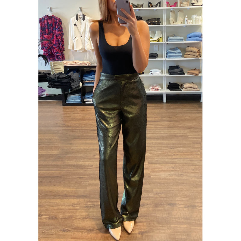 Ronny Kobo Claire Sequin High Waisted Pant in Green