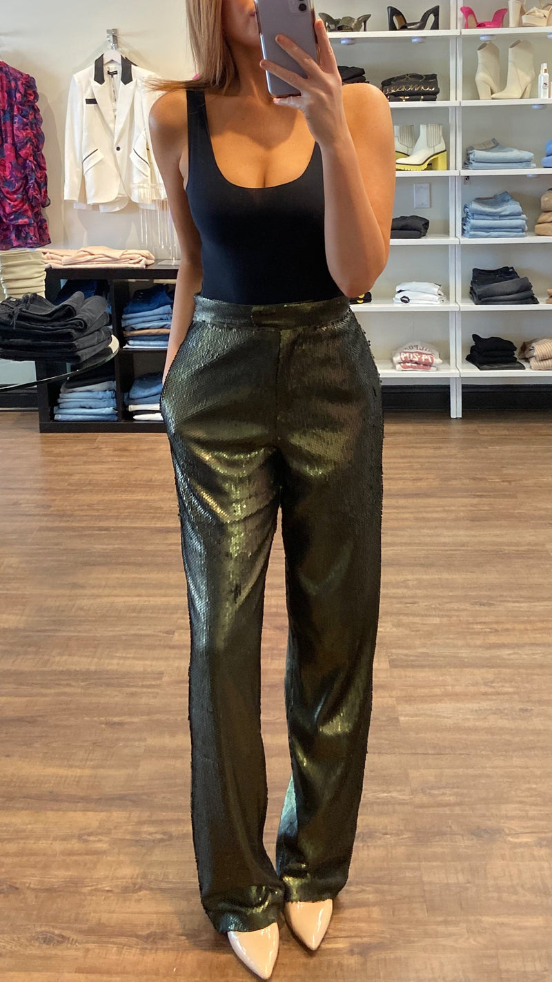 Ronny Kobo Claire Sequin High Waisted Pant in Green