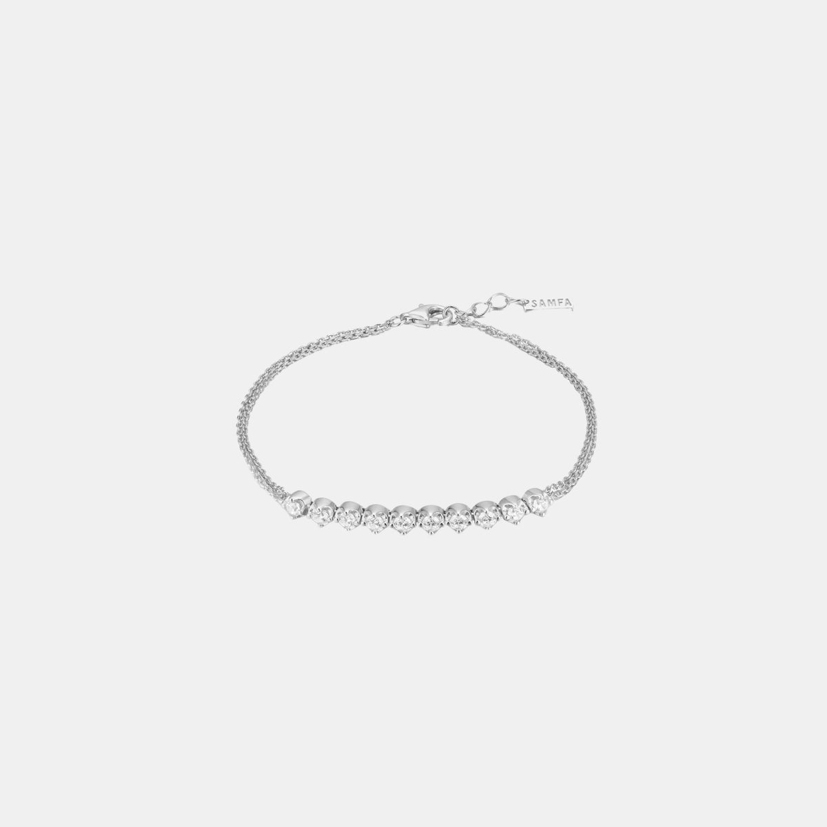 Samfa Style Bezel Double Chain Diamond Bracelet in Silver