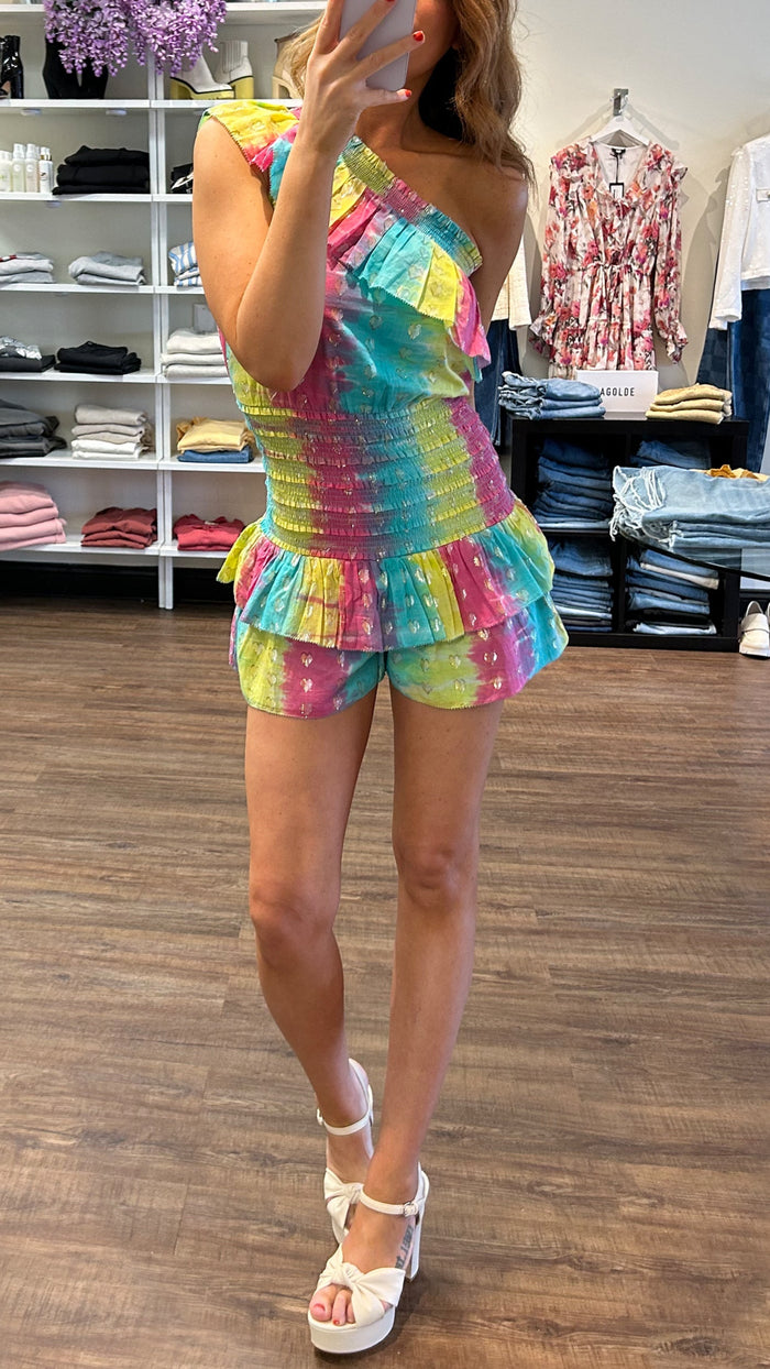 Saylor Dorit One Shoulder Heart Romper in Rainbow Tie Dye