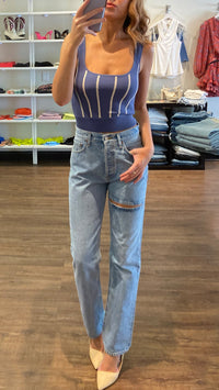 St. Cloud Bijou Knit Contrast Bustier Top Dress in Dusk Blue/Pale Grey