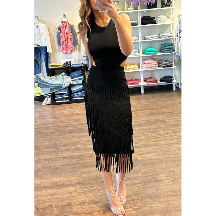 Toccin Jemma Fringe Racer Midi Dress in Black