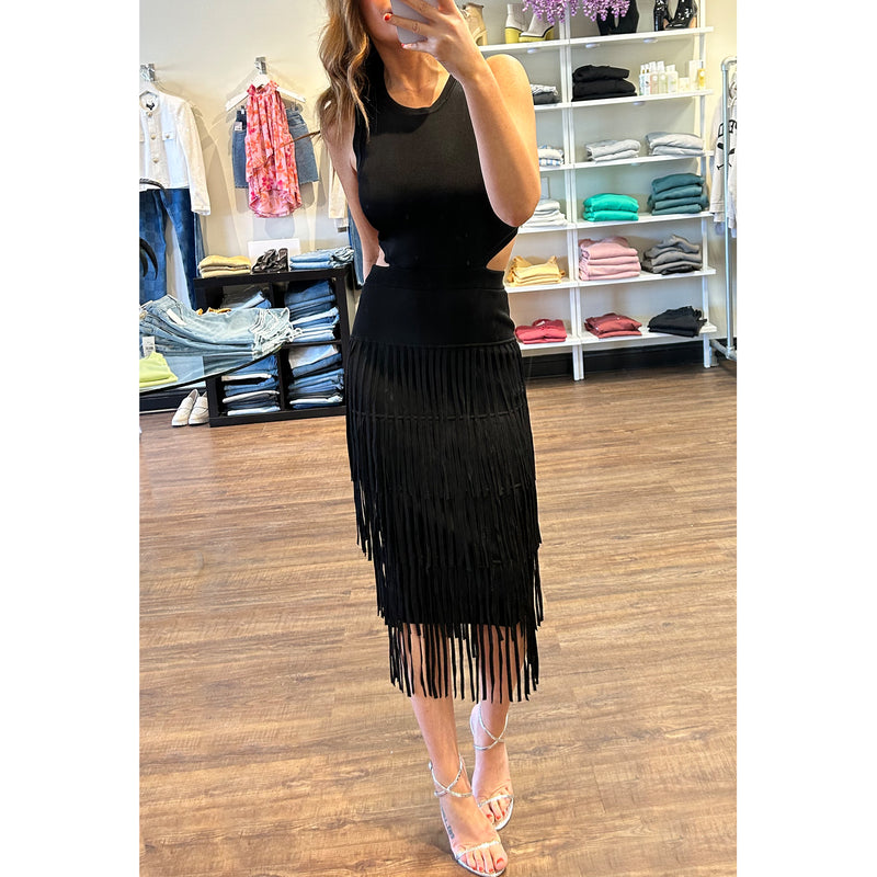 Toccin Jemma Fringe Racer Midi Dress in Black